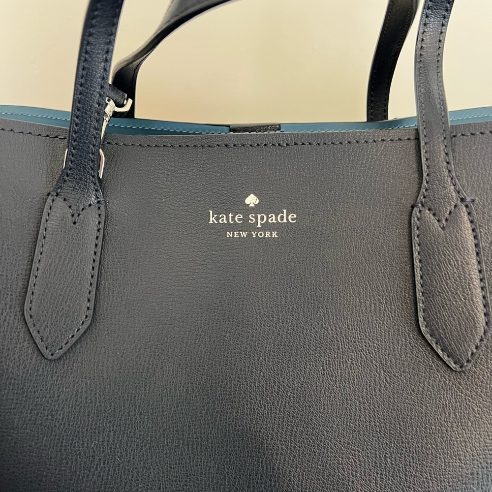 kate spade navy leather tote with teal trim - Picture 2 of 8